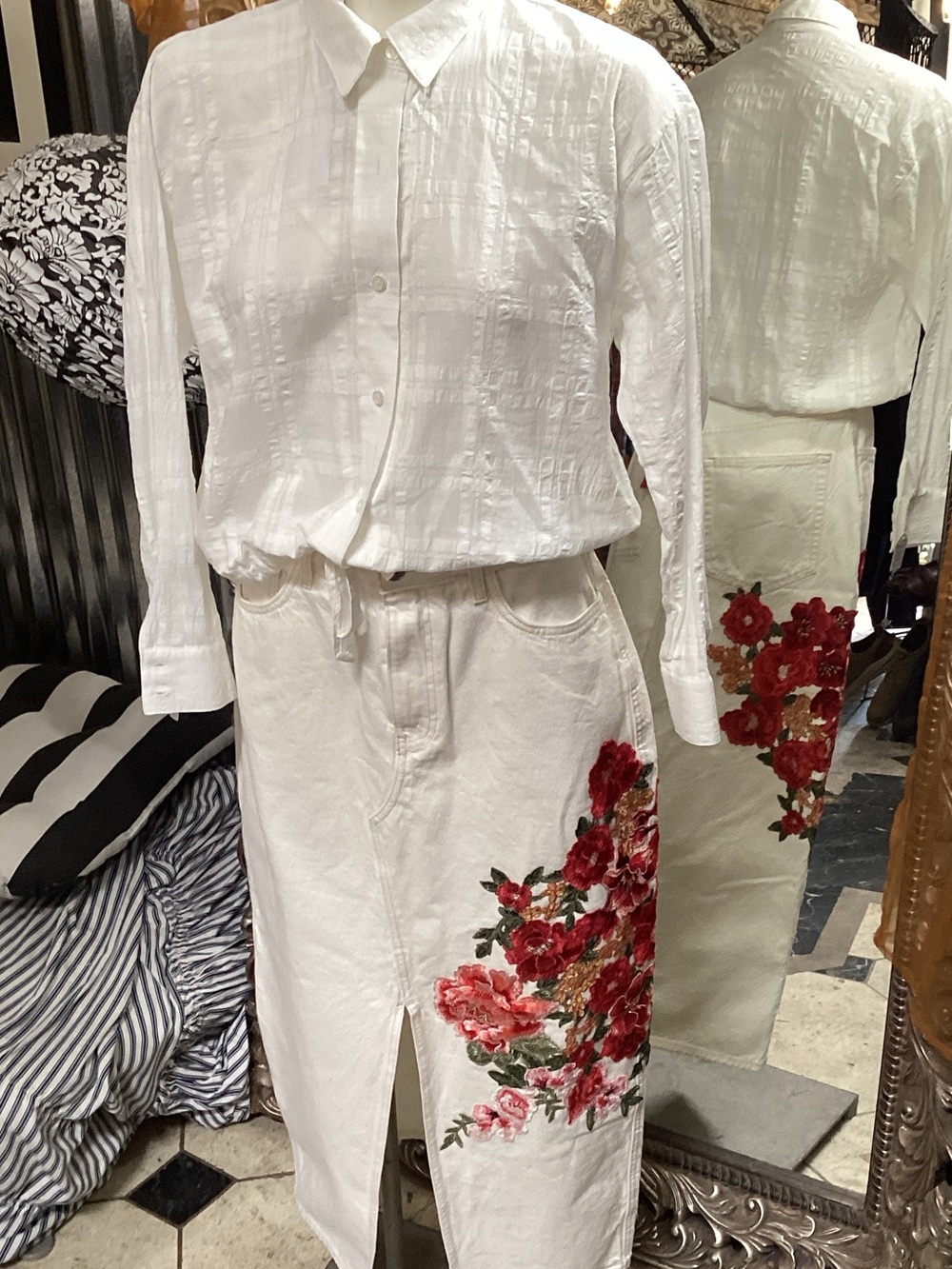 Cream Straight  denim Skirt with Red Floral Embroidery - custom